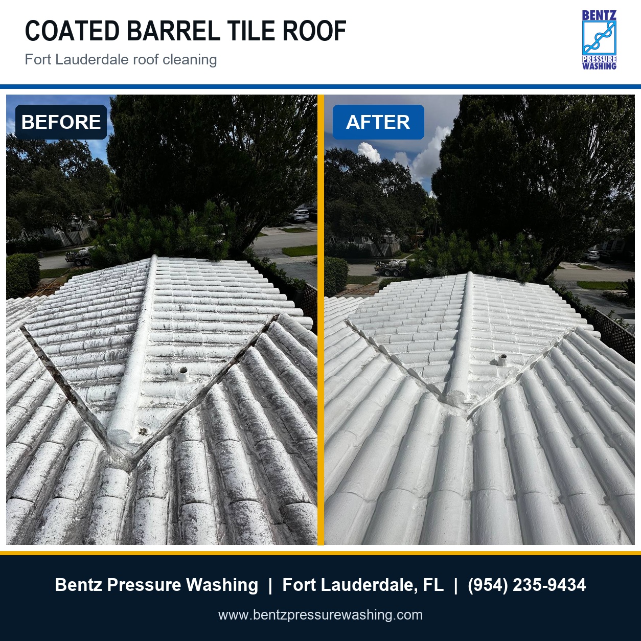 Before-and-after proof of a white-coated concrete barrel-tile roof cleaning in Fort Lauderdale