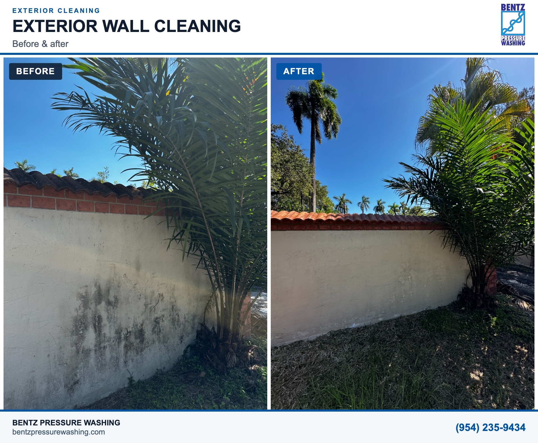 Before and after stucco boundary-wall cleaning from the Bentz project gallery
