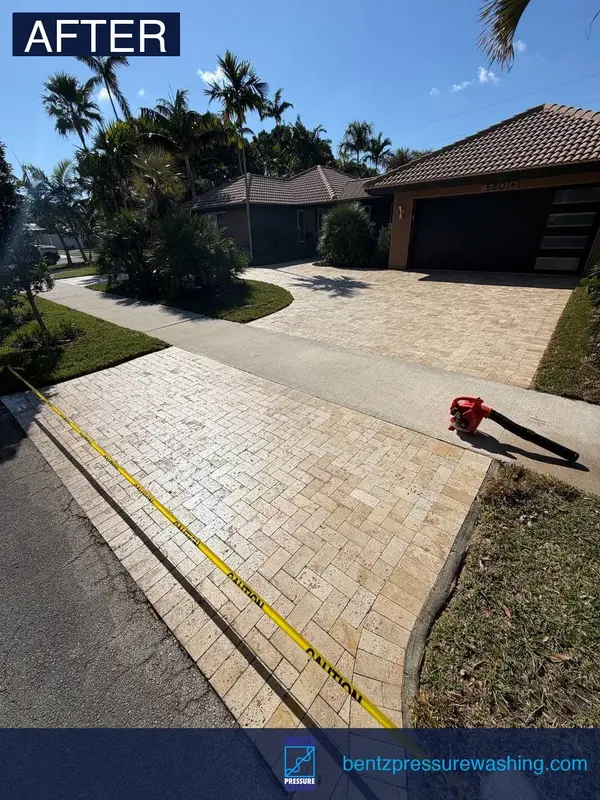 Paver driveway cleaning after Fort Lauderdale pressure washing before and after — restored and sealed
