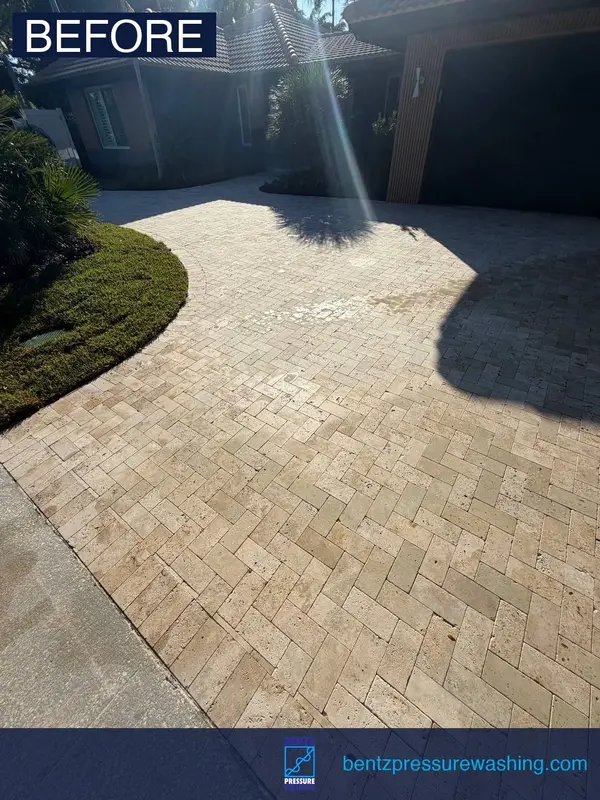 Paver driveway cleaning before Fort Lauderdale pressure washing — stained and overgrown