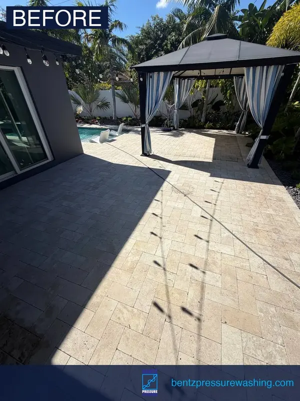 Pool deck cleaning before Fort Lauderdale pressure washing — algae covered and slippery