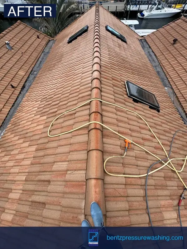 Tile roof cleaning after Fort Lauderdale waterfront home pressure washing before and after