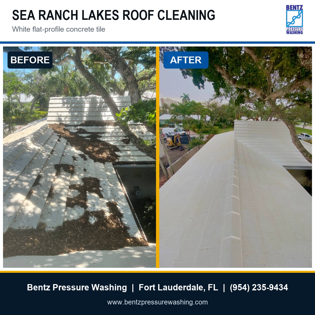 Before and after white flat-profile concrete tile roof cleaning in Sea Ranch Lakes, Florida