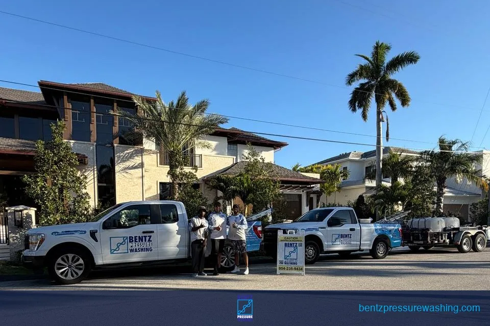 Bentz Pressure Washing team with branded trucks and professional cleaning equipment in Fort Lauderdale